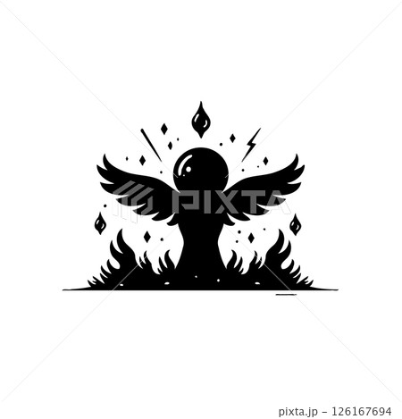 Monochromatic Silhouette: Ethereal Figure with Wings Amidst Stylized Flames and Sparks 126167694