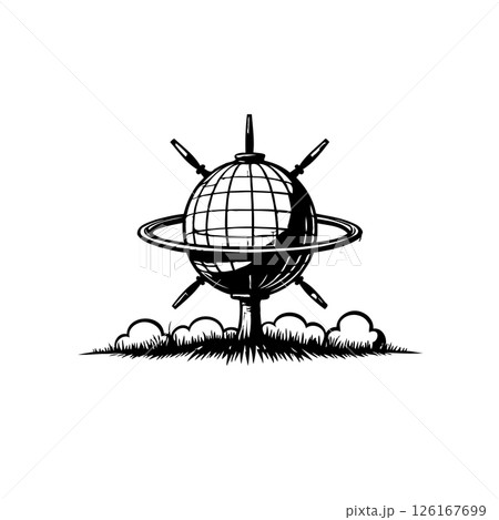 Stylized global emblem with rings, antennas and cloud base representing innovation Stylized global emblem with rings, antennas and cloud base representing innovation 126167699