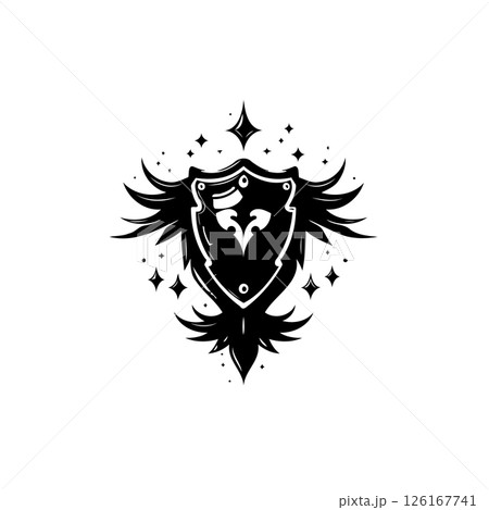 Intricate heraldic shield emblem with stylized wings and celestial sparkles 126167741