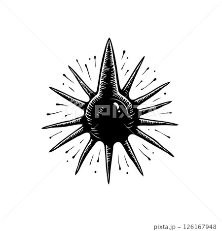 Stylized Spiked Sphere with Radial Lines, Monochromatic Design, Isolated Art 126167948