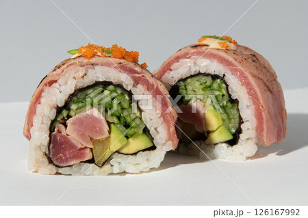 Sushi on a light background. Horizontally. Advertising photo. Sushi on a light background. Horizontally. Advertising photo. 126167992