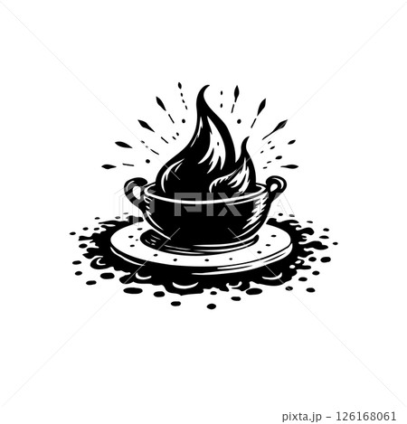 Stylized monochrome drawing of a flame in a vessel with liquid splash effect 126168061