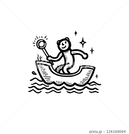 Animated character in a boat with a magical object on water illustration Animated character in a boat with a magical object on water illustration 126168084