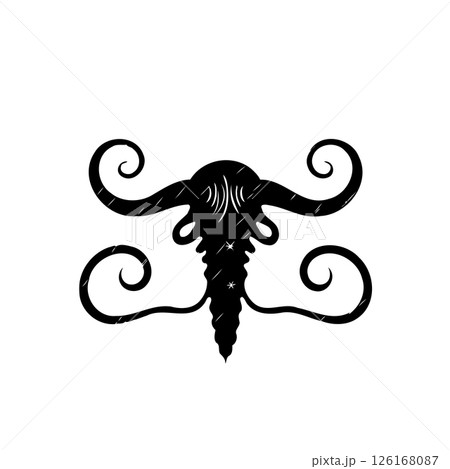Intricate silhouette: Surreal creature with spiraled horns, black and mysterious design 126168087