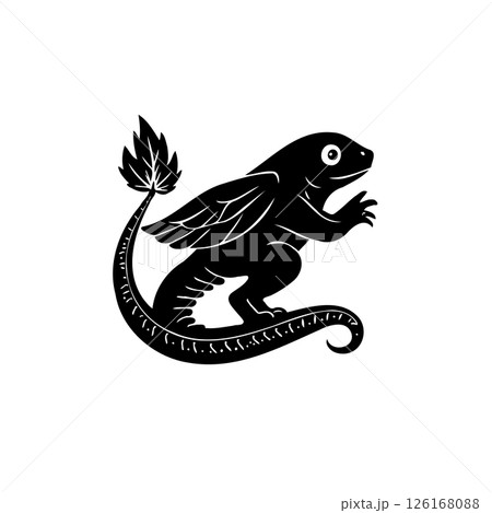 Stylized Heraldic Lizard Creature with Leaf Tail and Small Feathered Wings 126168088