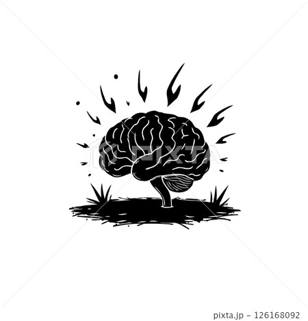 Monochrome illustration of a brain emitting radiant signals on textured base Monochrome illustration of a brain emitting radiant signals on textured base 126168092