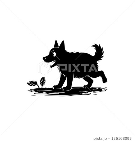 Playful canine silhouette frolicking near sprouting flora in monochrome setting 126168095