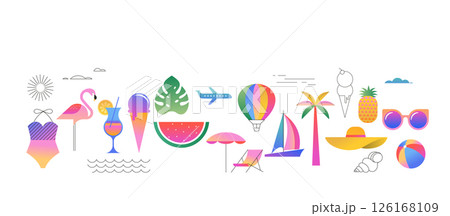 Summer vacation vector illustration set. Colorful tropical icons including beach elements, travel Summer vacation vector illustration set. Colorful tropical icons including beach elements, travel 126168109