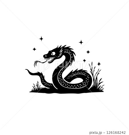 Stylized Dragon Silhouette with Stars and Foliage on White Background Art 126168242