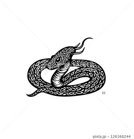 Monochrome serpentine drawing featuring intricate scaled pattern and stylized form 126168244