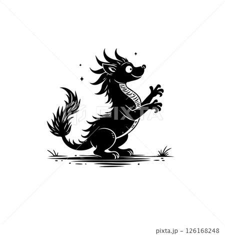 Playful Cartoon Dragon Figure Standing Upright with Spiky Features and Magical Stars Playful Cartoon Dragon Figure Standing Upright with Spiky Features and Magical Stars 126168248