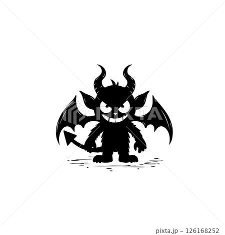Whimsical horned creature with menacing grin evokes playful eerie aesthetic Whimsical horned creature with menacing grin evokes playful eerie aesthetic 126168252