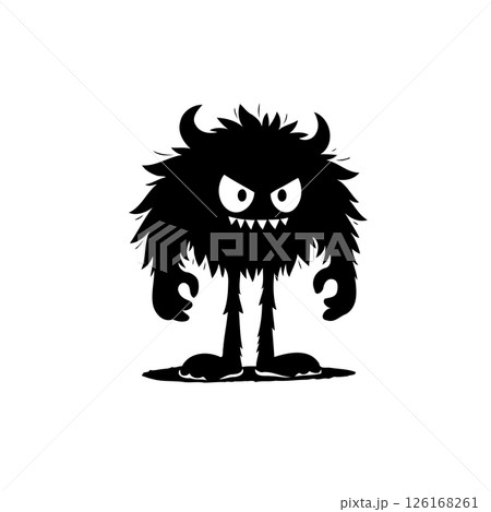 Whimsical shadow beast with horns and mischievous smile against white background 126168261