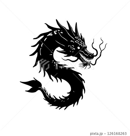 Majestic Black Dragon Illustration: Mythical Creature in Monochrome Art Style 126168263