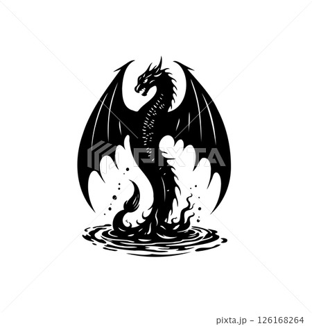A mythical dragon rising from dark waters, silhouette against a clean white space 126168264