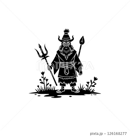 Stylized folklore illustration of a mythical figure with trident and spear 126168277