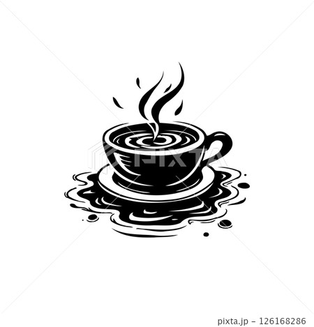 Stylized black and white illustration of a steaming hot coffee cup and saucer 126168286