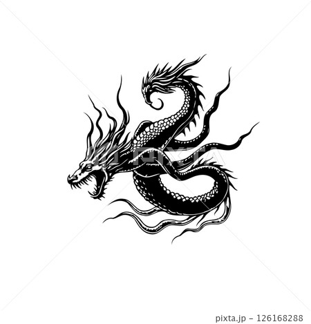 Monochrome rendition depicting an intricately illustrated mythical eastern dragon Monochrome rendition depicting an intricately illustrated mythical eastern dragon 126168288