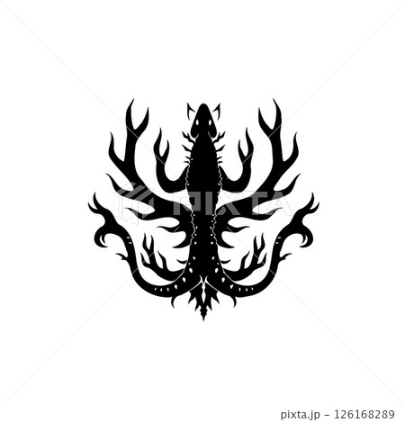 Stylized aquatic creature emblem set against pristine white backdrop artwork 126168289