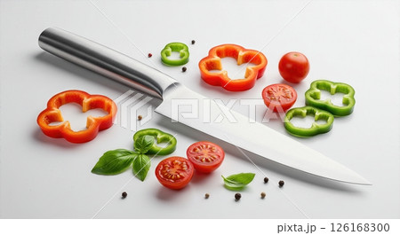 Professional Chefs Knife with Fresh Vegetables and Herbs on White Background Culinary Preparation Scene Professional Chefs Knife with Fresh Vegetables and Herbs on White Background Culinary Preparation Scene 126168300