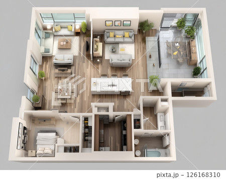 ファミリー向け住宅の3D立体の間取り図。俯瞰画像。リビング、ダイニング、キッチン ファミリー向け住宅の3D立体の間取り図。俯瞰画像。リビング、ダイニング、キッチン 126168310