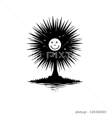 Stylized Spiky Sphere with Smiling Face Graphic on Grassy Patch Silhouette 126168383