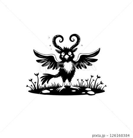 Whimsical horned avian creature in a monochrome botanical setting illustration Whimsical horned avian creature in a monochrome botanical setting illustration 126168384