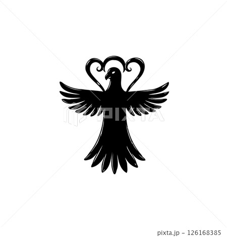 Elegant black bird silhouette with heart-shaped flourish for emblems or logos 126168385