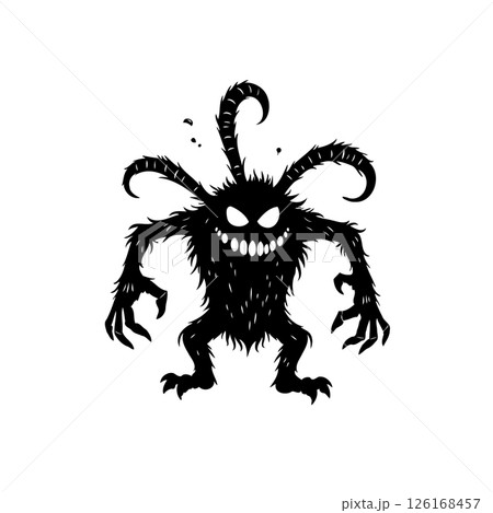 Silhouette of an imposing enigmatic creature with curved appendages and sharp teeth 126168457