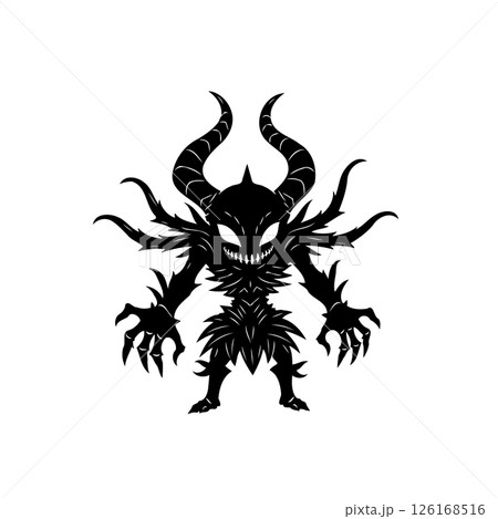 Stylized silhouette of a demonic character with horns and sharp features Stylized silhouette of a demonic character with horns and sharp features 126168516