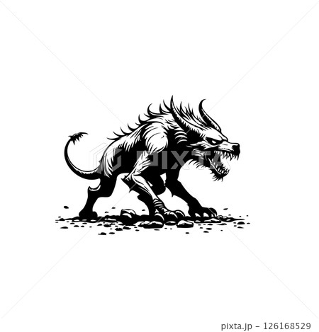 Stylized ferocious creature illustration showcasing sharp details and monochrome palette 126168529