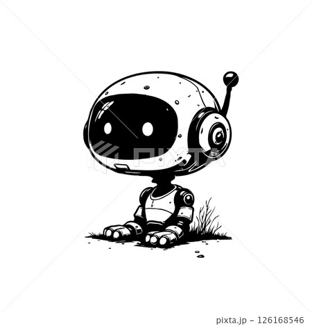 Monochrome depiction of a retro robot character sitting on the ground Monochrome depiction of a retro robot character sitting on the ground 126168546