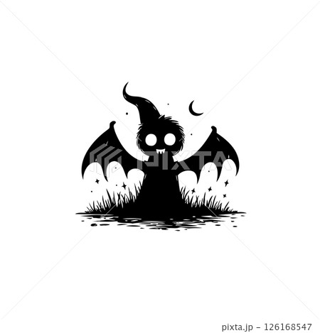 Whimsical halloween silhouette of a cute bat creature under a crescent moon 126168547