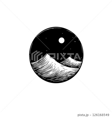 Minimalist mountain scenery in circular frame with moon and stars at night 126168549