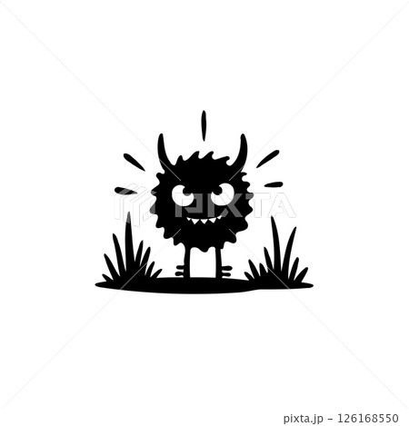 Playful silhouette of a charming monster character amidst simplistic vegetation 126168550