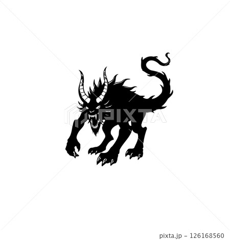 Stylized silhouette of a menacing horned creature with sharp claws and fangs 126168560