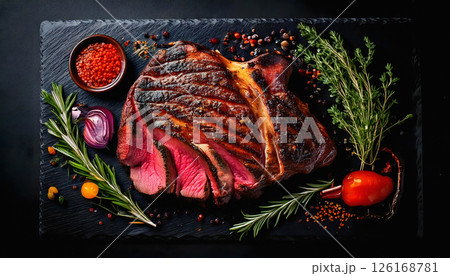 Grilled ribeye steak served with herbs and spices 126168781