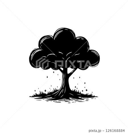 Stylized monochrome tree illustration with whimsical foliage and ground details 126168884