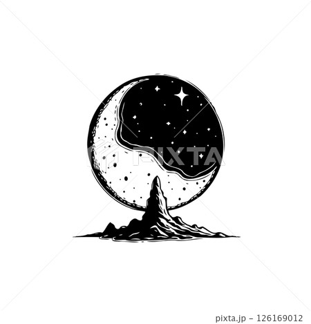 Abstract monochrome illustration featuring moon, stars and mountainous landscape Abstract monochrome illustration featuring moon, stars and mountainous landscape 126169012