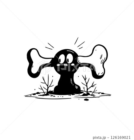 Whimsical creature with bone-shaped ears, emerging from shadowy soil Whimsical creature with bone-shaped ears, emerging from shadowy soil 126169021