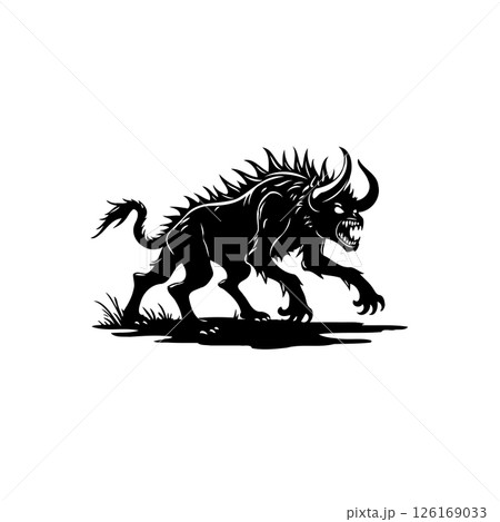 Silhouette of a horned beast figure with wild spiky mane and sharp fangs 126169033