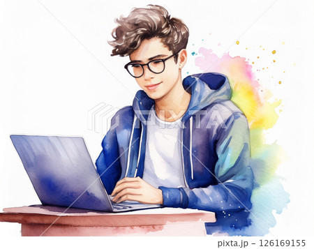 パソコンで作業をする男性の水彩画 126169155