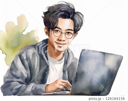 パソコンで作業をする男性の水彩画 パソコンで作業をする男性の水彩画 126169156