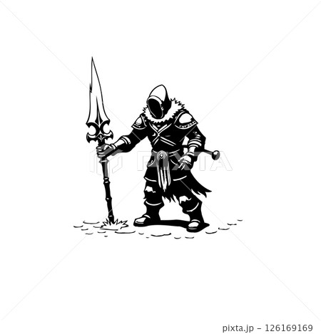 Monochrome portrayal of a medieval knight clad in dark armor holding a spear Monochrome portrayal of a medieval knight clad in dark armor holding a spear 126169169