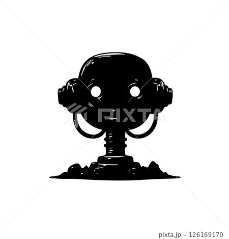 Monochrome stylized rendering of a retro-futuristic robot character 126169170