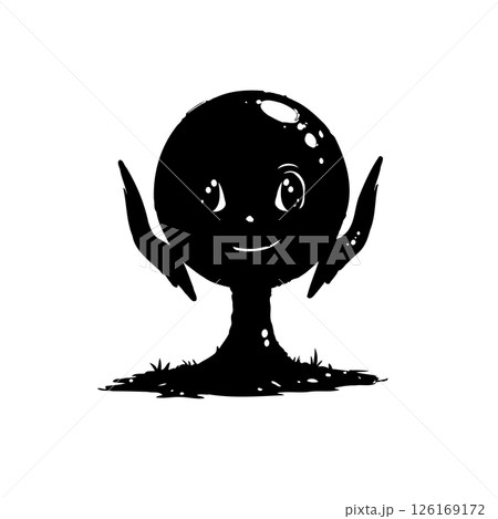 Whimsical monochrome illustration of a spherical character on a grassy base 126169172
