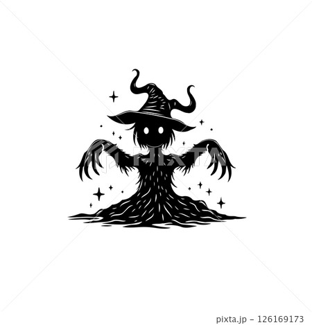 Whimsical Halloween Creature Silhouette with Pointed Hat amidst Twinkling Stars 126169173