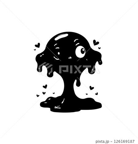 Whimsical black blob character design with hearts, playful and cartoonish look 126169187