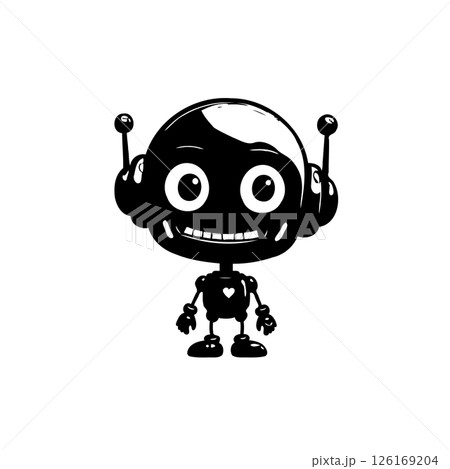 Monochrome depiction of an endearing stylized robot character with an adorable design 126169204