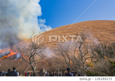 伊東市の青空に映える大室山の山焼きの風景(静岡県) 126169215
